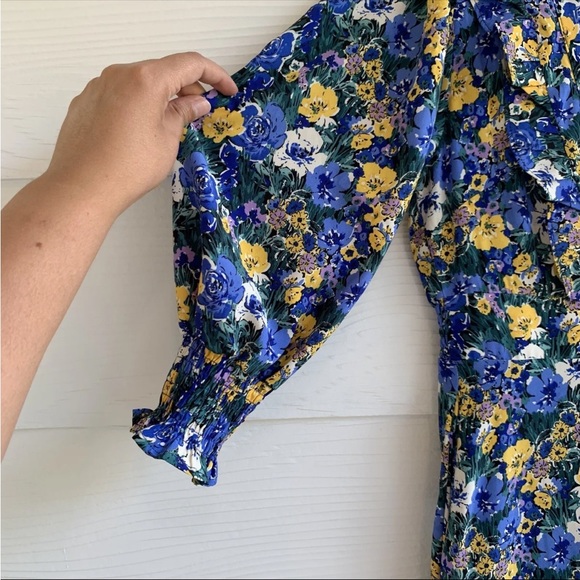 Code x Mode Maxi Blue Floral Dress size XS Puff Sleeves Elastic Waist V-neck - Picture 5 of 12